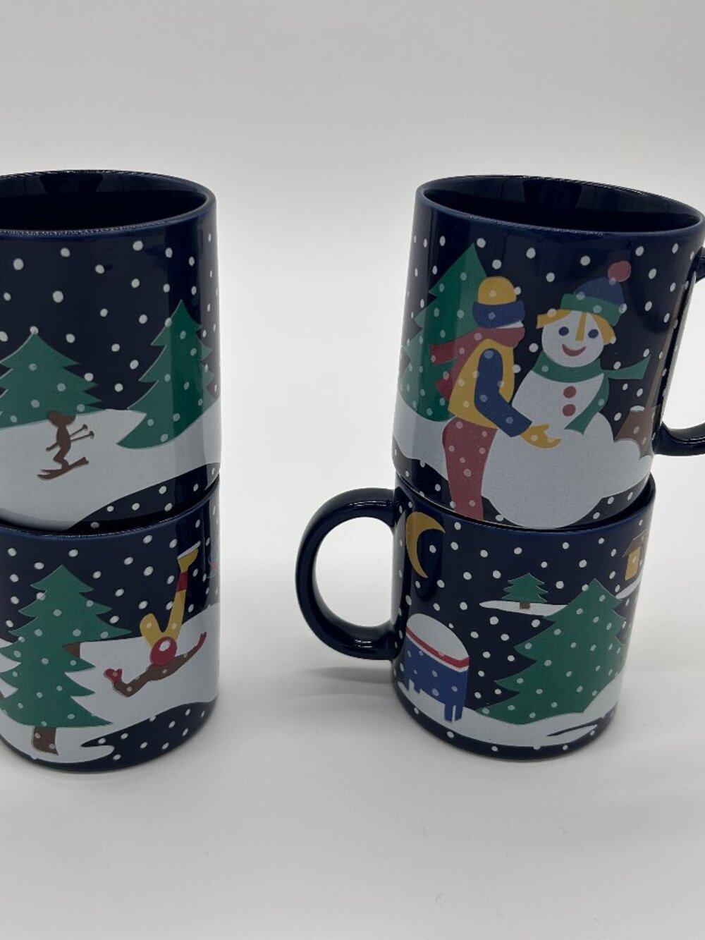Vintage Lillian Vernon 1989 Cobalt Blue Coffee Mugs Winter Ski Christmas Set 4